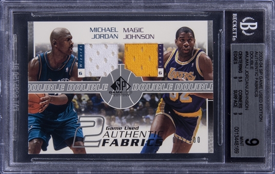 2003/04 Upper Deck SP Game Used "Authentic Fabrics Dual" #MJMAJ Michael Jordan/Magic Johnson Dual Jersey Card (#072/100) - BGS MINT 9